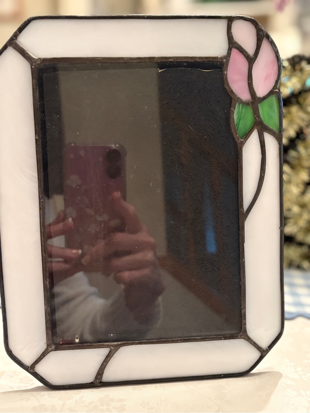 Vintage Stained Glass Frame with Pink Tulip